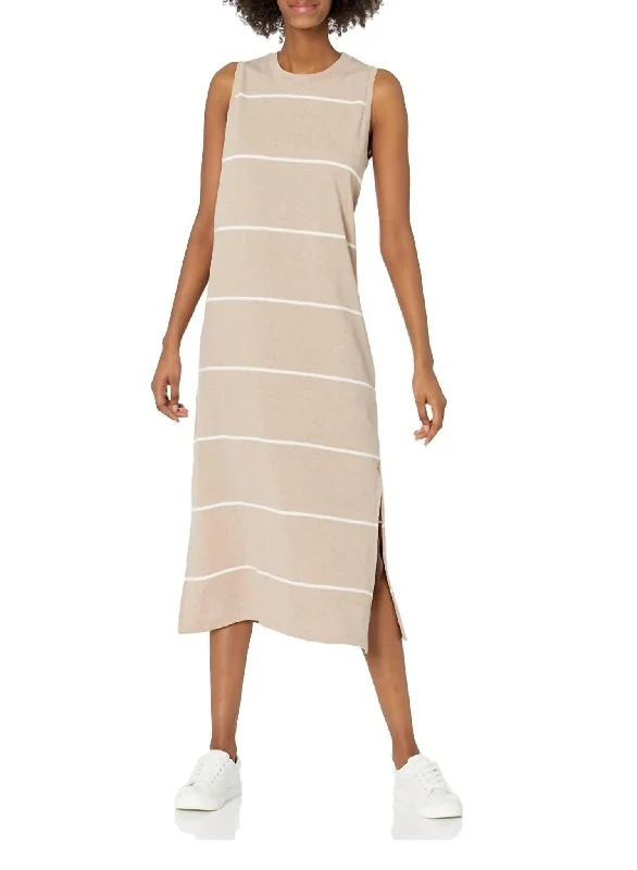 Quinn Midi Dress in Tan Stripe Trendy Knit Midi Dress