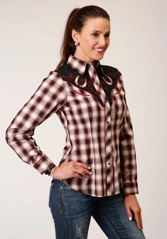 Roper Womens Fancy Plaid Wine Cotton Blend L/S Shirt Trendy Button-Front Short Sleeve