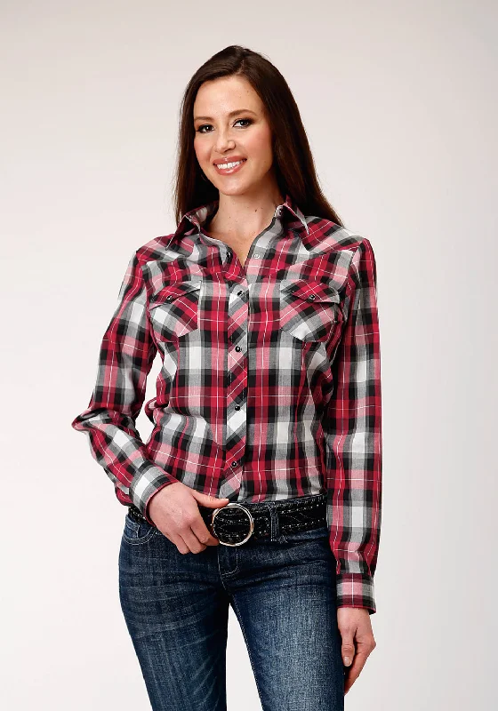 Roper Womens Grey Plaid Red Cotton Blend L/S Shirt Fashionable Short Sleeve Shirt