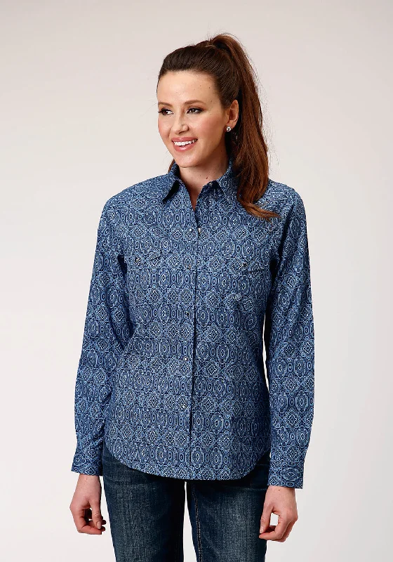 Roper Womens Medallion Paisley Blue 100% Cotton L/S Shirt Relaxed Fit Short Blouse