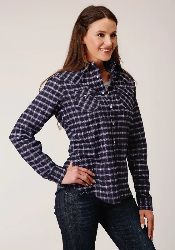 Roper Womens Unlined Flannel Blue 100% Cotton L/S Shirt Relaxed Fit Short Blouse