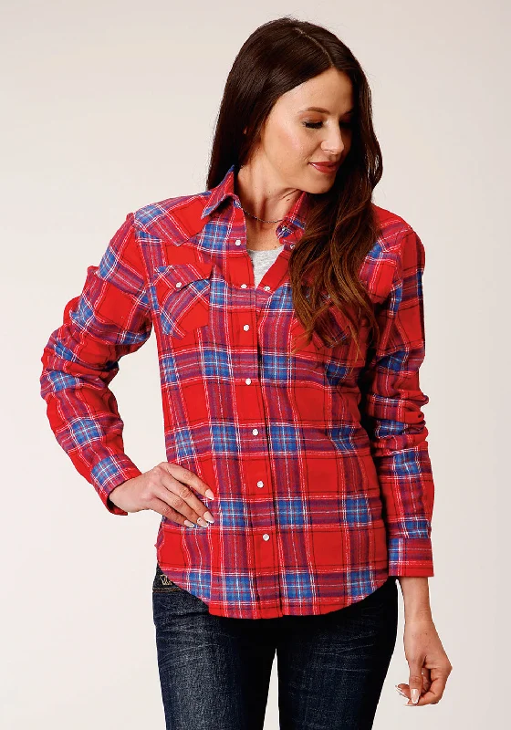 Roper Womens Unlined Flannel Red 100% Cotton L/S Shirt Casual Button-Up Short Tee