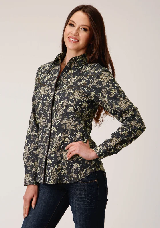 Roper Womens Vintage Dark Floral Black Cotton Blend L/S Shirt Relaxed Cotton Short Blouse