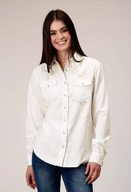 Roper Womens Western Corduroy Cream 100% Cotton L/S Shirt Classic V-Neck Short Shirt