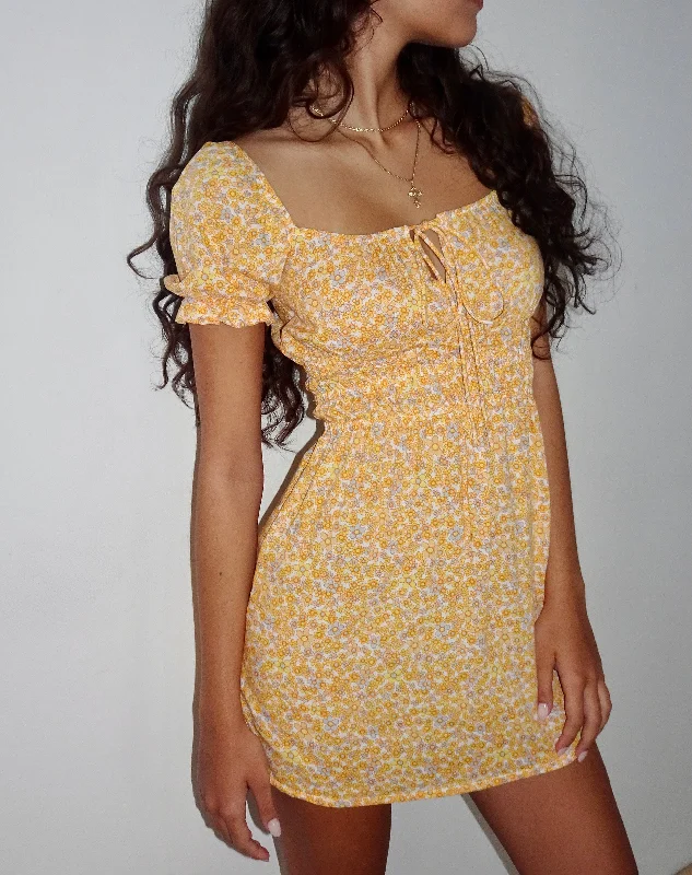 Rosmilly Mini Dress in Flower Garden Yellow Fashionable Mini Dress with Slits