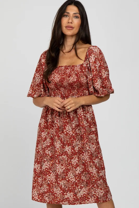 Rust Floral Square Neck Smocked Midi Dress Fashionable A-Line Midi Dress