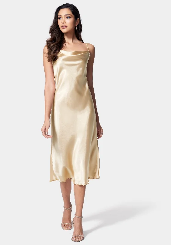 Satin Cowl Neck Slip Midi Dress Fashionable Wide Leg Midi Dress