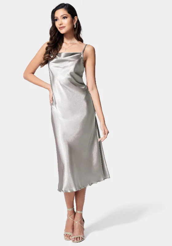 Satin Cowl Neck Slip Midi Dress Trendy Tiered Hem Midi Dress