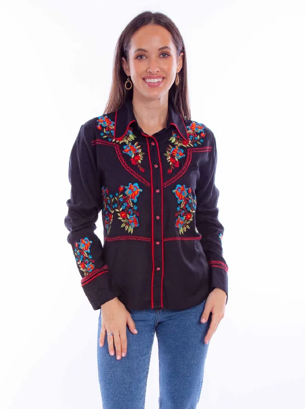 Scully Womens Chain Stitch Floral Black/Red 100% Viscose L/S Shirt Casual Oversized Short Shirt