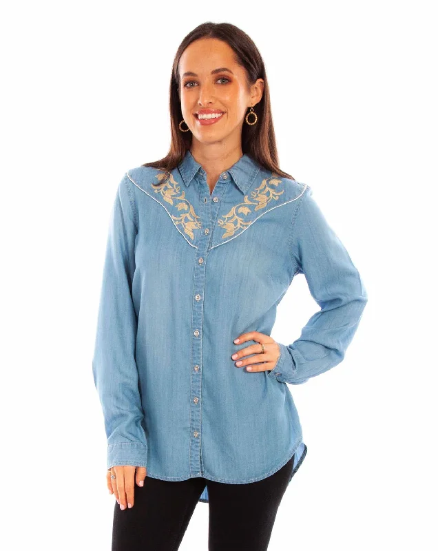 Scully Womens Tan Embroidery Blue 100% Tencel L/S Shirt Cozy Printed Short Shirt