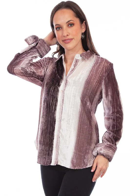 Scully Womens Velvet Stripe Plum/White 75% Viscose/25% Nylon L/S Shirt Casual Boxy Short Shirt