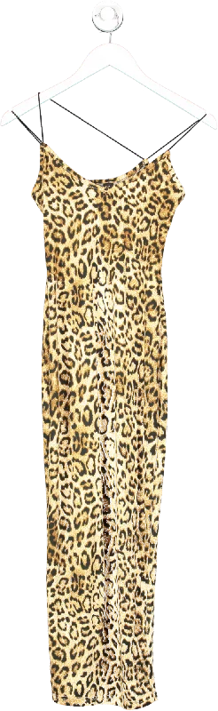 SHEIN Brown Leopard Print Midi Dress With Slit Detail UK XS Trendy Smocked Detail Midi Dress