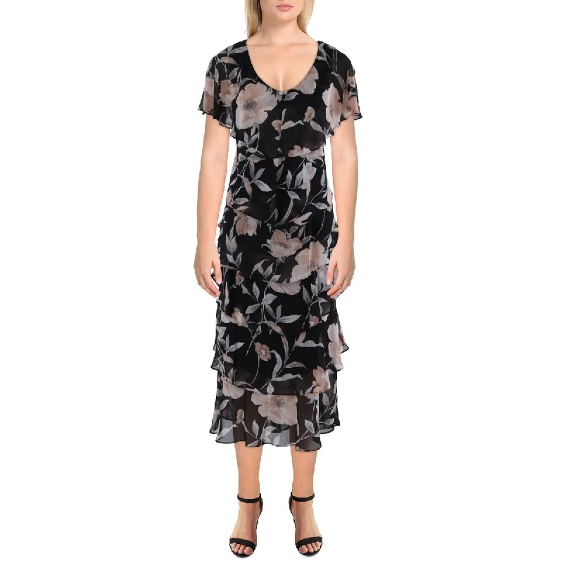 SLNY Womens Tiered Printed Midi Dress Comfortable Adjustable Strap Midi Dress