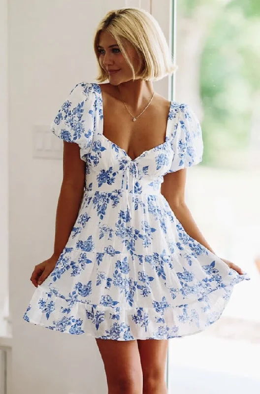 Southern Nights Mini Dress - White and Blue Fashionable Lace-Trim Mini Dress