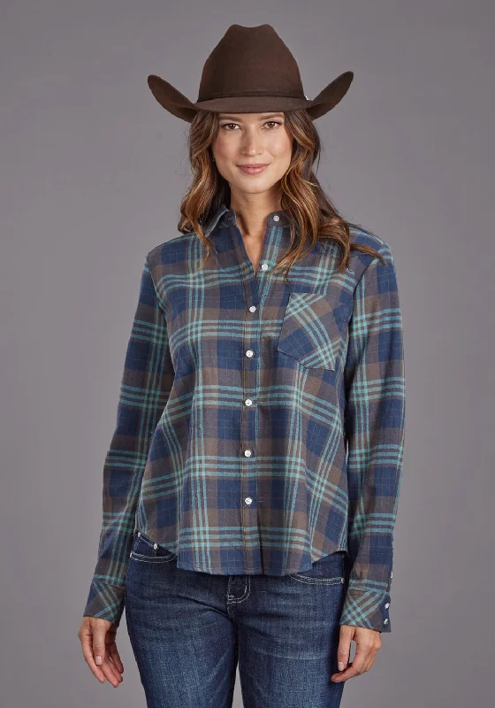 Stetson Womens Flannel Plaid Navy 100% Cotton L/S Shirt Fashionable Plaid Short Sleeve