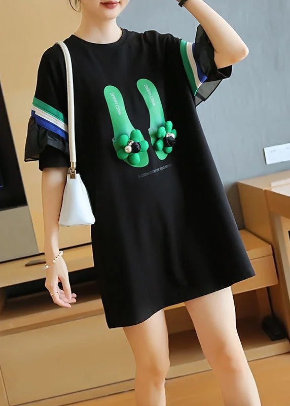 Stylish Black Original Design Patchwork Ruffles Cotton Mini Dresses Summer Casual V-Neck Mini Dress