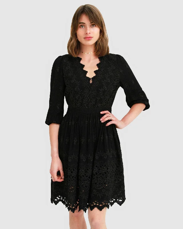 Sweet Talk Eyelet Mini Dress - Black Trendy Mini Dress with Belt