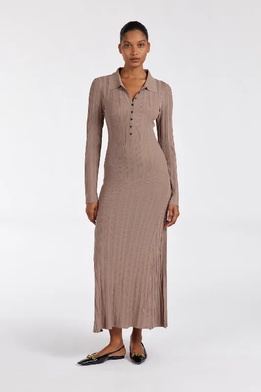 SYLVIA TAUPE POLO KNIT MIDI DRESS Stylish Striped Midi Dress