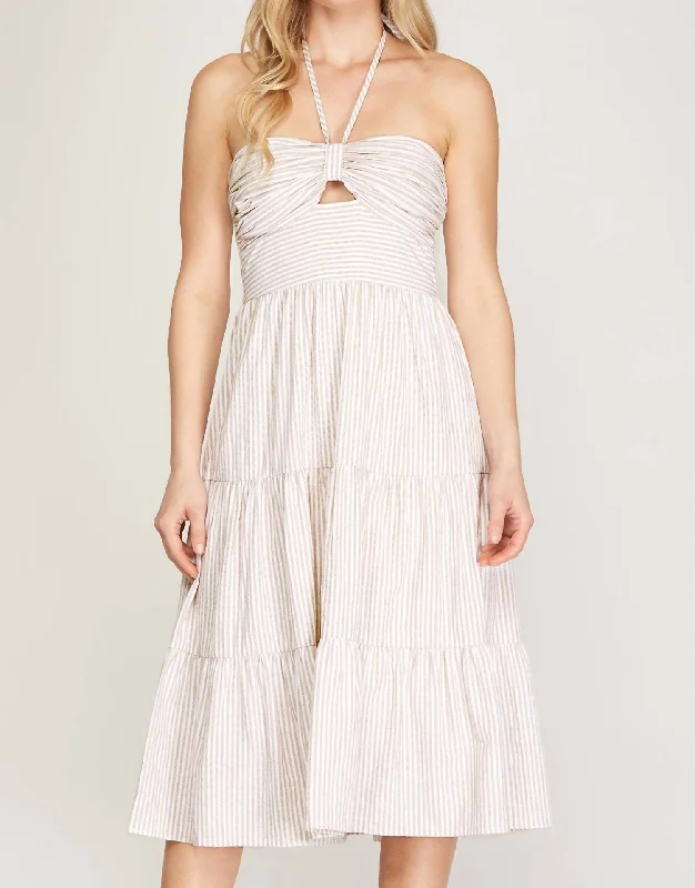 Tallulah Falls Sleeveless Halter Midi Dress in White/Tan Chic Off-Shoulder Midi Dress