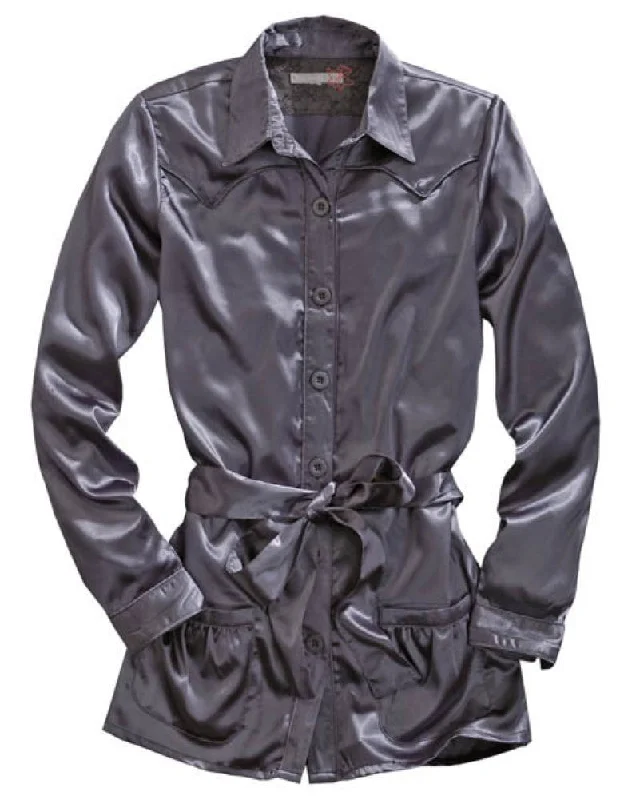 Tin Haul Womens Western Satin Grey 100% Polyester L/S Shirt Fashionable Plaid Short Sleeve