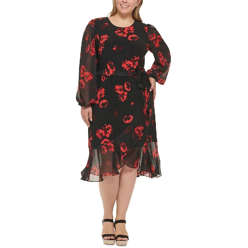 Tommy Hilfiger Womens Plus Knee-Length Floral Print Midi Dress Cozy Midi Dress with Pockets