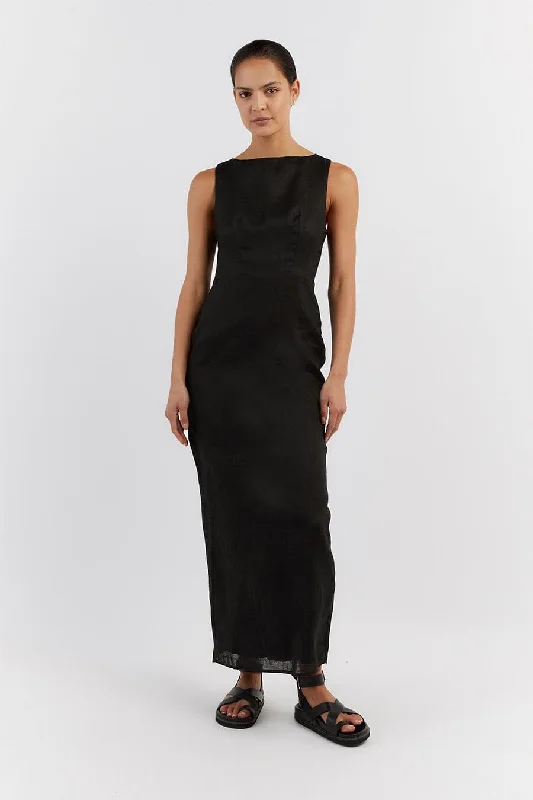 TYLA BLACK LINEN MIDI DRESS Stylish Pleated Skirt Midi Dress