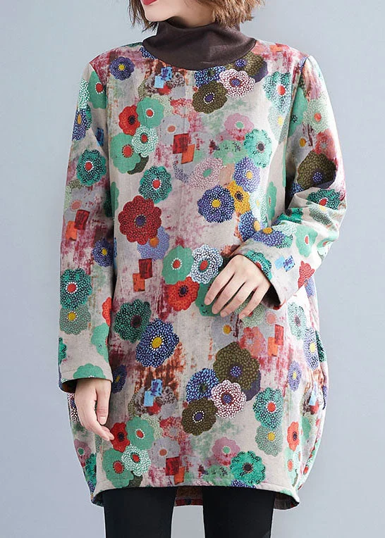 Unique Rose Turtle Neck Print Warm Fleece Mini Dress Winter Chic Pleated Mini Dress