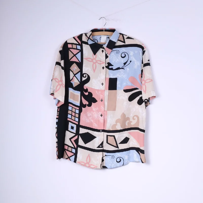 Vintage Womens 44 2XL Casual Shirt Abstract Short Sleeve Shoulder Pads Casual Ruffle Short Shirt