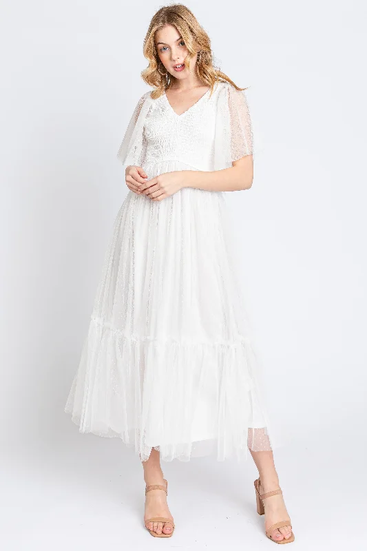 White Dotted Tulle Smocked Midi Dress Trendy A-Line Midi Dress