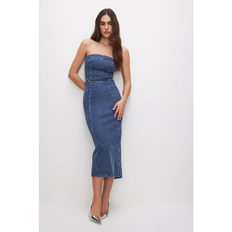 Blue Denim Tube Midi Dress Trendy Fit-and-Flare Midi Dress