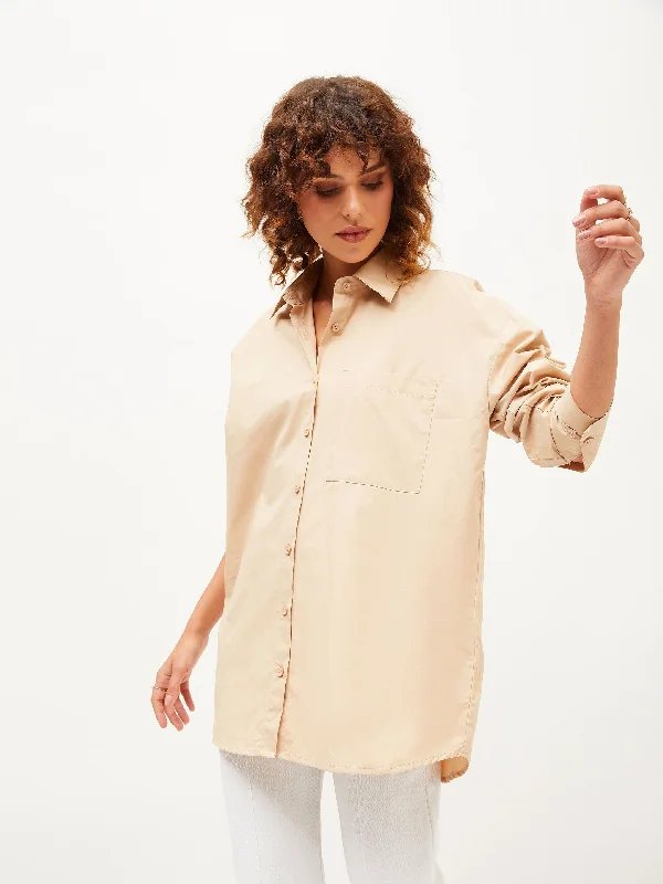 Women Beige Poplin Oversize Shirt Trendy Summer Short Sleeve