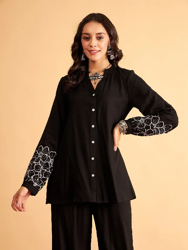 Women Black Rayon Full Sleeves Embroidered Shirt Classic Casual Short Sleeve