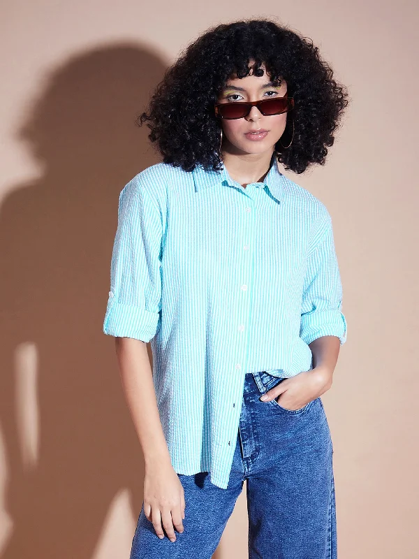 Women Blue Seersucker Pinstriped Oversized Shirt Trendy Floral Short Sleeve