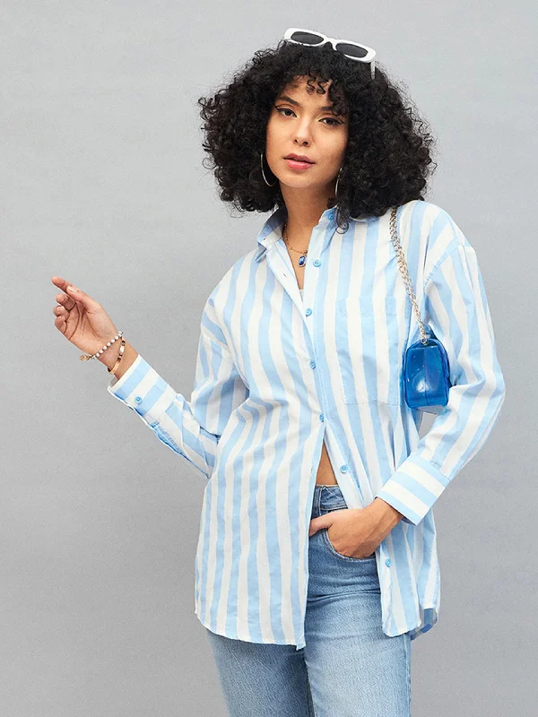 Women Blue & White Cotton Striped Oversized Shirt Elegant Draped Short Sleeve