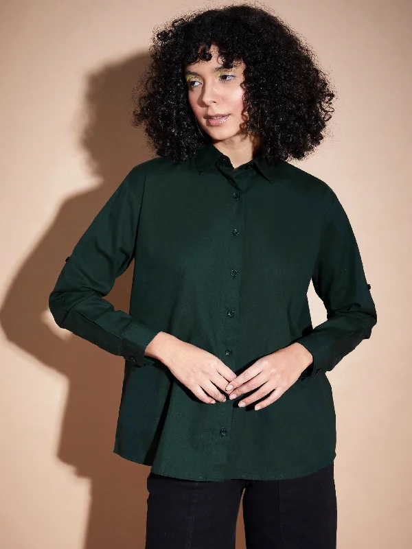 Women Green Poplin Oversized Shirt Soft Flowing Short Shirt