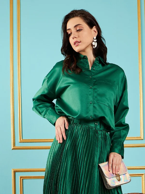 Women Green Satin Oversized Shirt Classic Cropped Short Sleeve