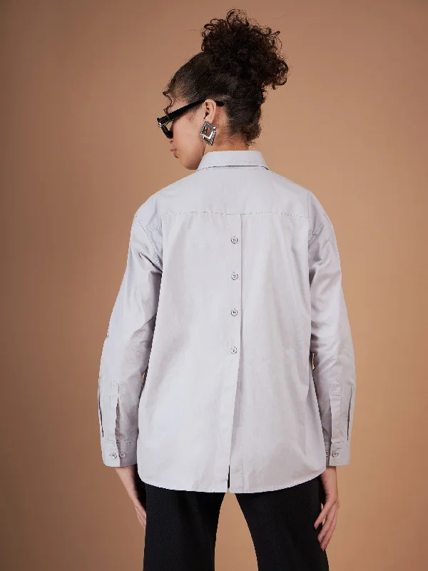 Women Grey Cotton Poplin Back Placket Shirt Trendy Short Sleeve Blouse