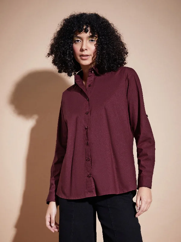 Women Maroon Poplin Oversized Shirt Relaxed Fit Short Sleeve Top