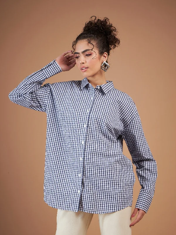 Women Navy & White Yarn Dyed Check Oversized Shirt Relaxed Short Sleeve Tee