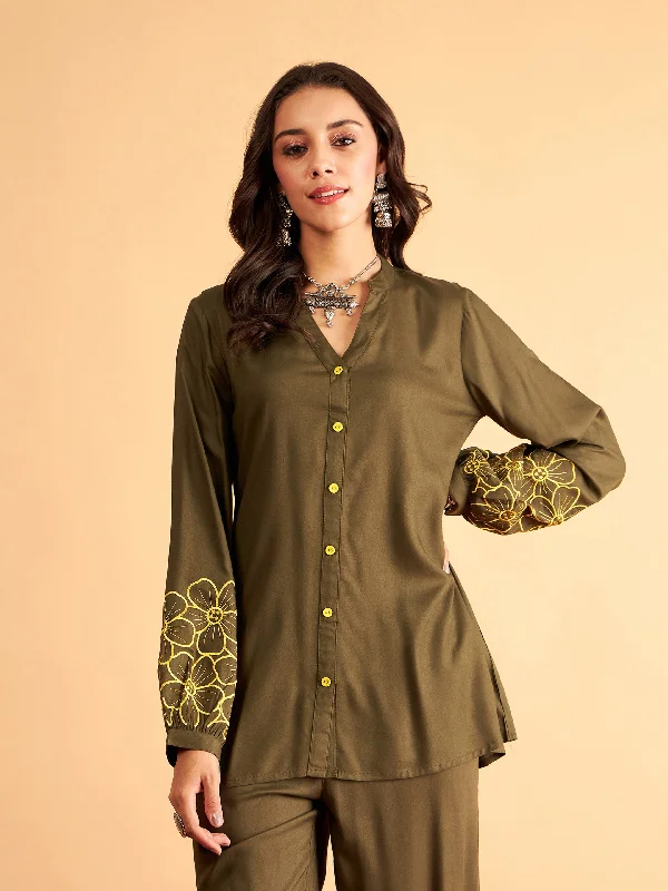 Women Olive Rayon Full Sleeves Embroidered Shirt Stylish Short Sleeve Top