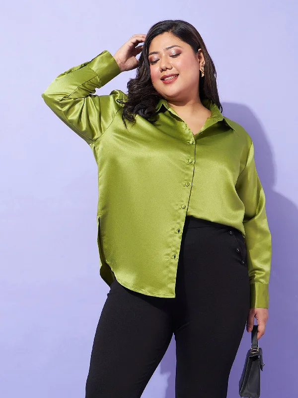 Women Olive Regular Satin Shirt Comfortable Graphic Short Sleeve