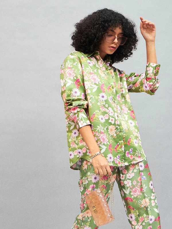 Women Olive Satin Floral Oversized Shirt Trendy Floral Print Tee