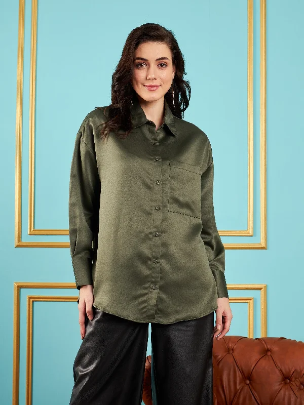 Women Olive Satin Oversized Shirt Stylish Split-Hem Short Shirt