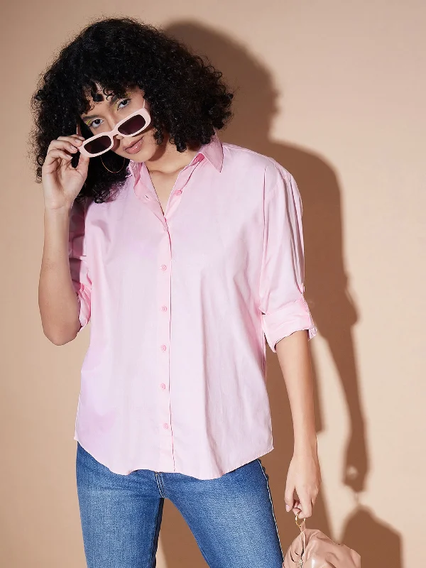 Women Pink Poplin Oversized Shirt Trendy Floral Short Sleeve