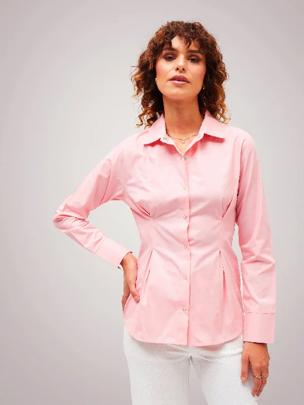 Women Pink Poplin Pleated Fold Slim Waist Shirt Classic Short Sleeve Tunic