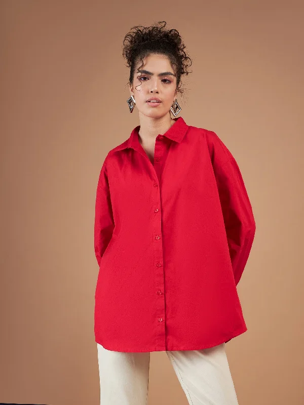 Women Red Cotton Poplin Oversized Shirt Cozy Summer Short Shirt