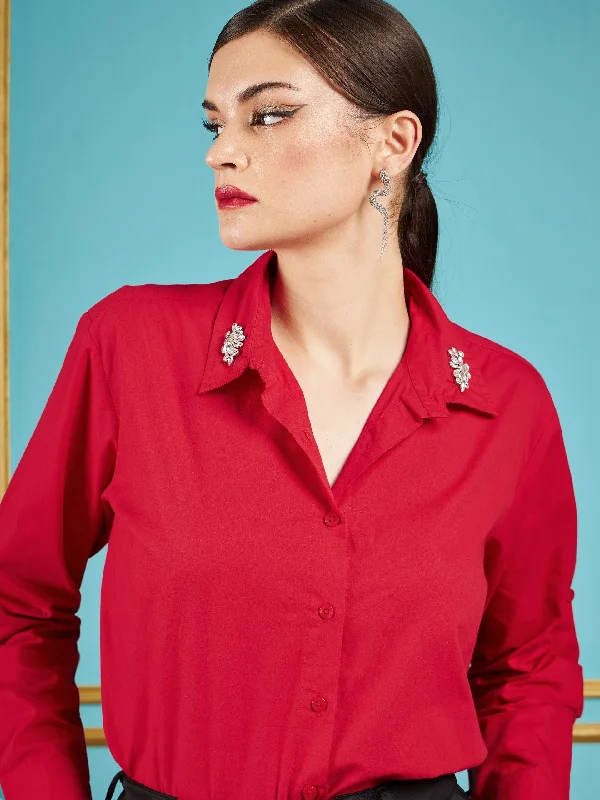 Women Red Poplin Collar Studded Regular Shirt Soft Cotton Short Tee