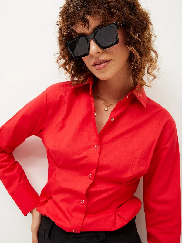 Women Red Poplin Pleated Fold Slim Waist Shirt Casual Button-Down Short Shirt