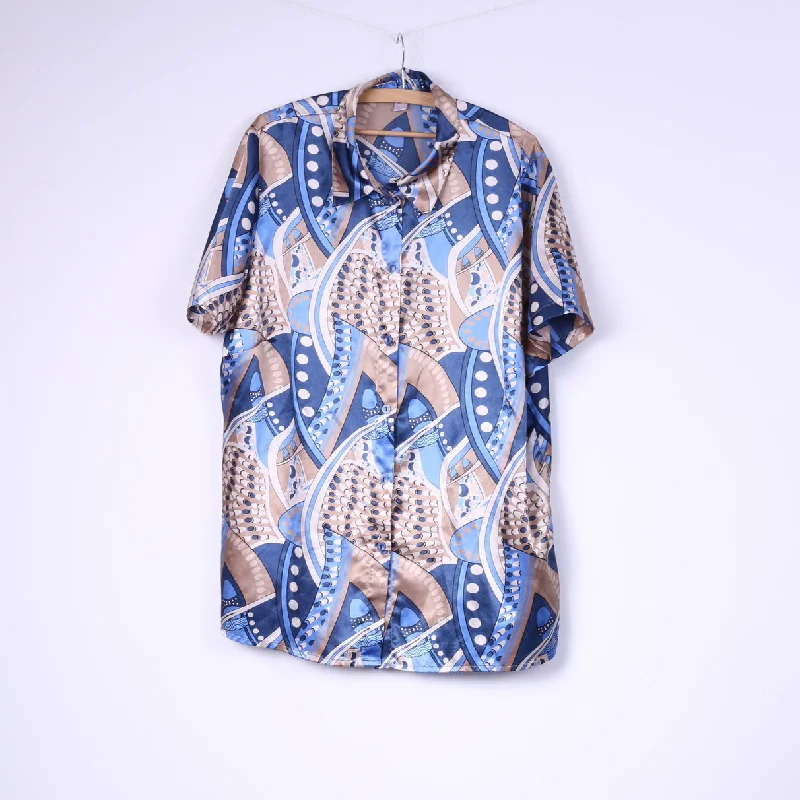 Womens 26 3XL Casual Shirt Shiny Blue Abstract Print Short Sleeve Vintage Relaxed Fit Short Shirt