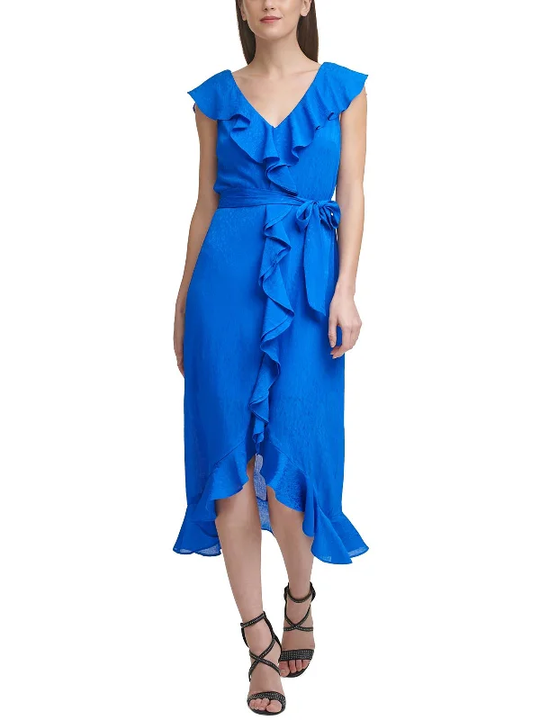 Womens Chiffon Ruffled Midi Dress Elegant Floral Appliqué Midi Dress